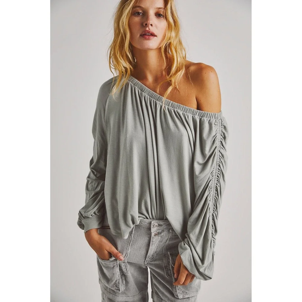 Free People Care FP Serenade Tee XS Gray Tencel Off Shoulder Ruched Top NWOT